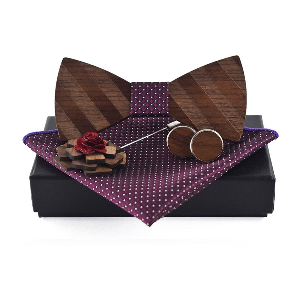 Wooden Bow Tie Set for Men Classic Bow Tie Kerchief and Cufflink Design Set High-end and Elegant Bow Tie Set